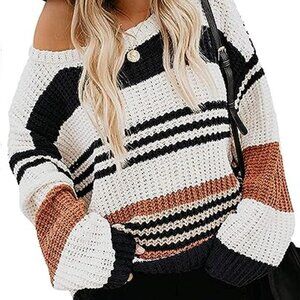 NWT Hem & Thread Long Sleeve Crew Neck Striped Color Block Loose Sweater Sz S